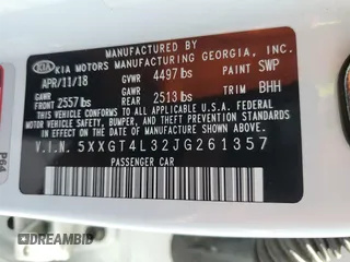 2018 Kia Optima LX with VIN 5XXGT4L32JG261357, listed as a Copart auction lot 64586425 with 18,502 mi miles and Salvage title. Bid and sale history available at DreamBid. Image 12.