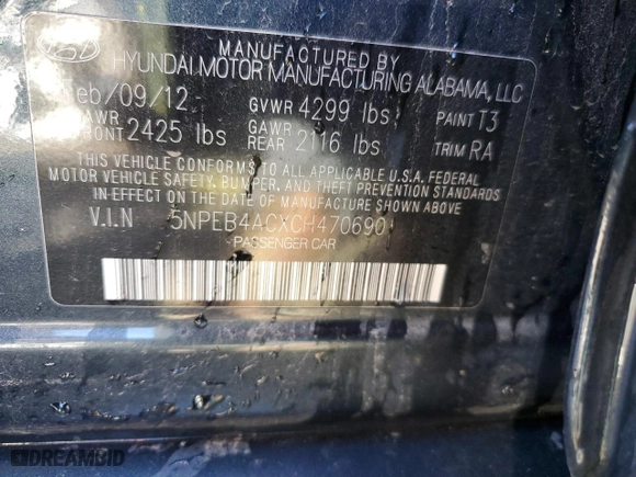 2012 Hyundai Sonata GLS with VIN 5NPEB4ACXCH470690, listed as a Copart auction lot 77692684 with 0 mi miles and Salvage Title. Bid and sale history available at carsss.com. Image 12.