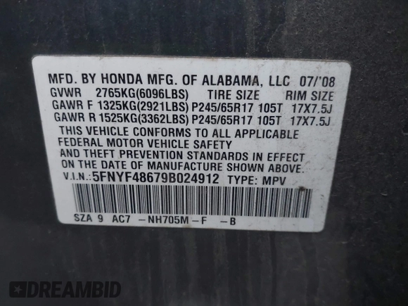 2009 Honda Pilot EX-L with VIN 5FNYF48679B024912, listed as a IAAI auction lot 41137972 with 286,469 mi miles and . Bid and sale history available at carsss.com. Image 9.