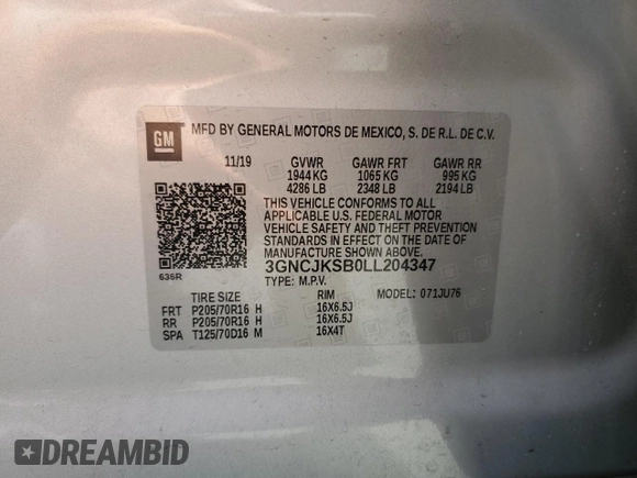 2020 Chevrolet Trax LS with VIN 3GNCJKSB0LL204347, listed as a Copart auction lot 63516375 with 35,720 mi miles and Salvage title. Bid and sale history available at DreamBid. Image 12.
