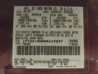 1998 Ford F-150 with VIN 1FTZX18W8WKA19037, listed as a IAAI auction lot 40977819 with 137,119 mi miles and . Bid and sale history available at DreamBid. Image 9.