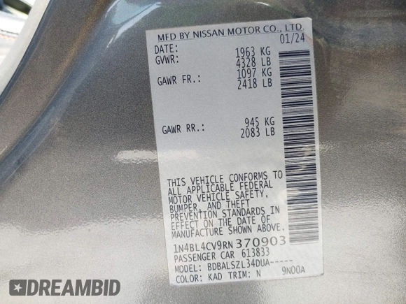 2024 Nissan Altima 2.5 SR with VIN 1N4BL4CV9RN370903, listed as a IAAI auction lot 42038894 with 26,930 mi miles. Bid and sale history available at carsss.com. Image 9.