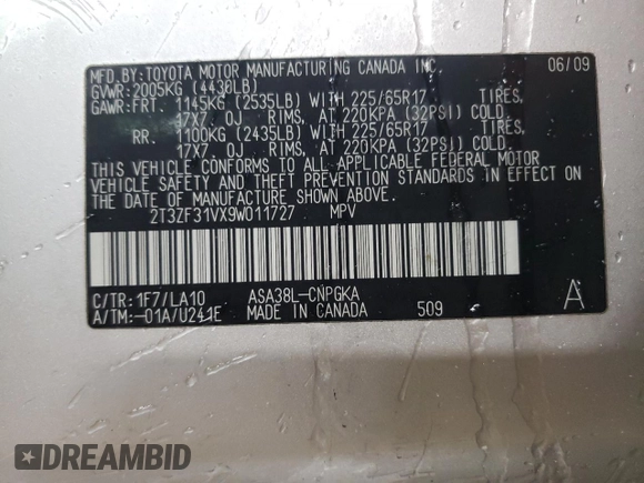 2009 Toyota RAV4 with VIN 2T3ZF31VX9W011727, listed as a Copart auction lot 87837365 with 106,622 mi miles and Salvage title. Bid and sale history available at DreamBid. Image 12.