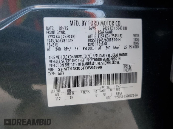 2015 Ford Edge SE with VIN 2FMTK3G85FBB94998, listed as a Copart auction lot 60655565 with 111,893 mi miles and Clean title. Bid and sale history available at DreamBid. Image 12.