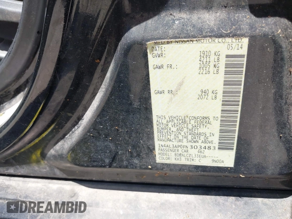 2015 Nissan Altima S with VIN 1N4AL3AP0FN303483, listed as a IAAI auction lot 42266007 with 173,166 mi miles and . Bid and sale history available at DreamBid. Image 9.