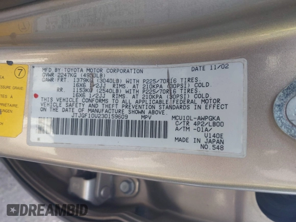 2003 Lexus RX 300 z VIN JTJGF10U230159609, wystawiony jako IAAI lot #41701093 z przebiegiem 418 902 mil mil oraz . Historia ofert i sprzedaży dostępna na DreamBid. Obrazek 9.