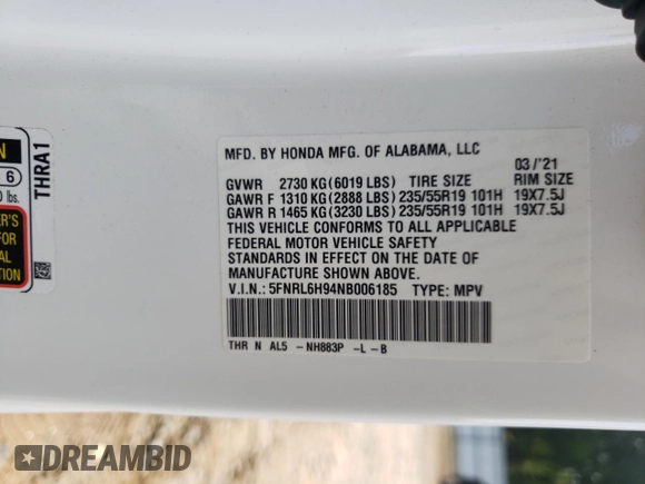 2022 Honda Odyssey Elite with VIN 5FNRL6H94NB006185, listed as a Copart auction lot 61302425 with Not provided miles and Salvage title. Bid and sale history available at DreamBid. Image 13.