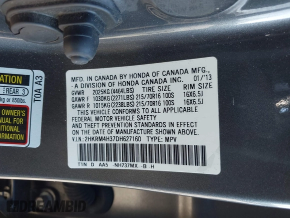 2013 Honda CR-V LX with VIN 2HKRM4H37DH627160, listed as a IAAI auction lot 41084839 with 107,560 mi miles and . Bid and sale history available at DreamBid. Image 9.