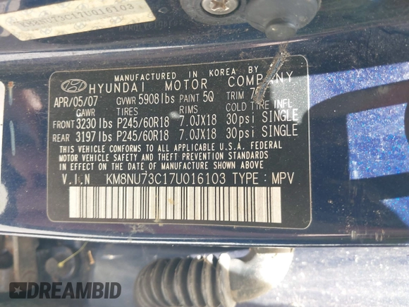 2007 Hyundai Veracruz GLS with VIN KM8NU73C17U016103, listed as a IAAI auction lot 42195881 with 199,508 mi miles and . Bid and sale history available at DreamBid. Image 9.