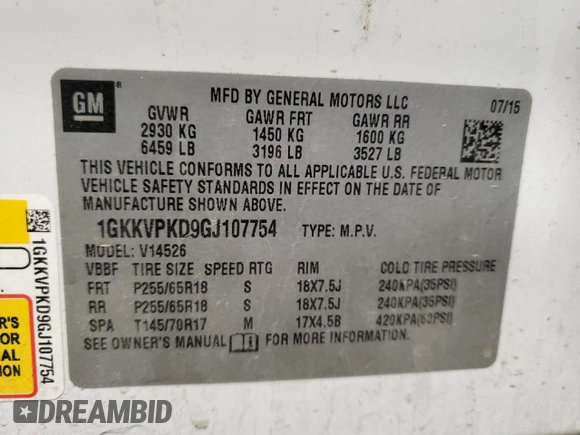 2016 GMC Acadia SLE with VIN 1GKKVPKD9GJ107754, listed as a Copart auction lot 49672235 with 117,105 mi miles and Salvage Title. Bid and sale history available at carsss.com. Image 14.