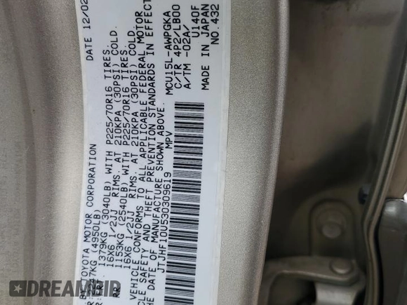 2003 Lexus RX 300 z VIN JTJHF10U530309619, wystawiony jako Copart lot #47728565 z przebiegiem 153 357 mil mil oraz Szkody całkowita. Historia ofert i sprzedaży dostępna na DreamBid. Obrazek 13.