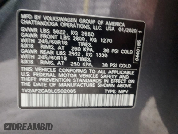 2020 Volkswagen Atlas S with VIN 1V2AP2CA9LC502085, listed as a Copart auction lot 57098325 with 81,410 mi miles and Non repairable. Bid and sale history available at DreamBid. Image 13.