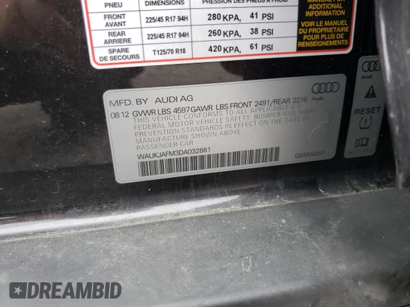 2013 Audi A3 Premium Plus with VIN WAUKJAFM3DA032881, listed as a Copart auction lot 57290084 with 69,685 mi miles and Salvage title. Bid and sale history available at DreamBid. Image 12.