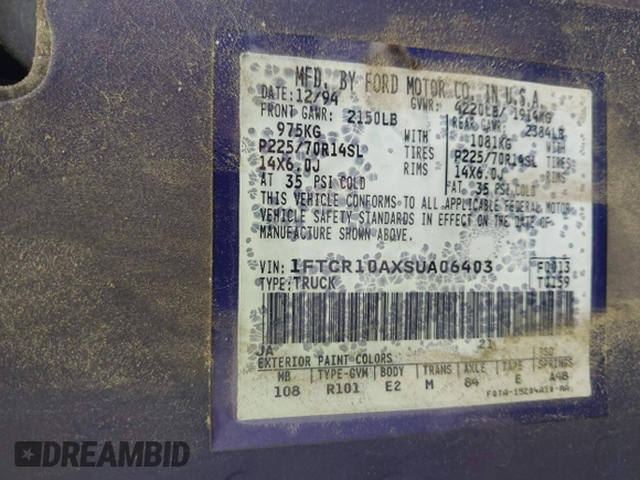 1995 Ford Ranger Splash with VIN 1FTCR10AXSUA06403, listed as a IAAI auction lot 42532150 with 82,445 mi miles and . Bid and sale history available at DreamBid. Image 9.