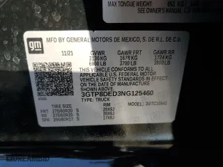 2022 GMC Sierra 1500 Limited SLT with VIN 3GTP8DED3NG125460, listed as a Copart auction lot 88563475 with 0 mi miles and Salvage Title. Bid and sale history available at carsss.com. Image 13.