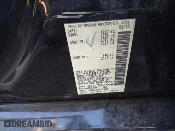 2016 Nissan Altima SV with VIN 1N4AL3AP1GC247499, listed as a IAAI auction lot 41826144 with 181,228 mi miles and . Bid and sale history available at DreamBid. Image 9.