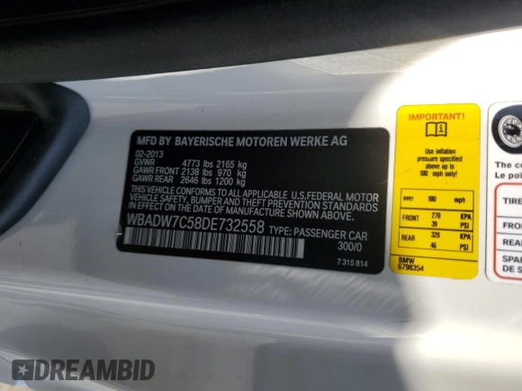 2013 BMW 3 Series 328i with VIN WBADW7C58DE732558, listed as a Copart auction lot 52032355 with 38,778 mi miles and Salvage Title. Bid and sale history available at carsss.com. Image 12.