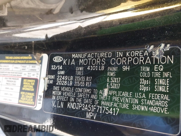 2015 Kia Soul + with VIN KNDJP3A51F7175417, listed as a IAAI auction lot 41996688 with 179,192 mi miles. Bid and sale history available at carsss.com. Image 9.