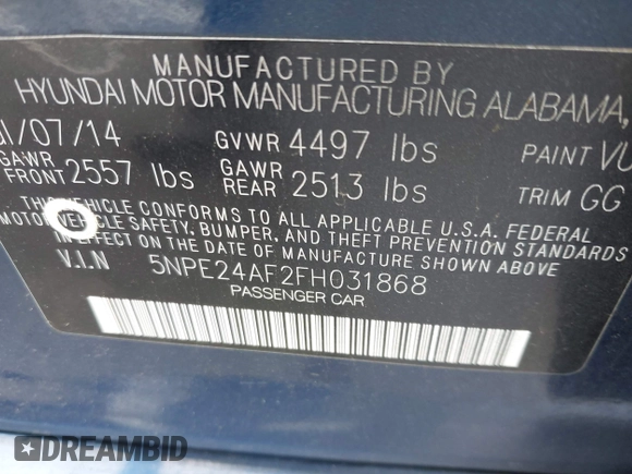 2015 Hyundai Sonata SE with VIN 5NPE24AF2FH031868, listed as a IAAI auction lot 42047793 with 241,219 mi miles and . Bid and sale history available at DreamBid. Image 9.