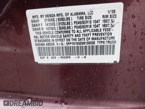 2009 Honda Ridgeline RTL with VIN 5FPYK16529B100032, listed as a IAAI auction lot 41206781 with 130,694 mi miles and . Bid and sale history available at DreamBid. Image 9.