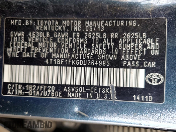 2013 Toyota Camry L with VIN 4T1BF1FK6DU264985, listed as a Copart auction lot 55359495 with 136,209 mi miles and Clean Title. Bid and sale history available at DreamBid. Image 12.