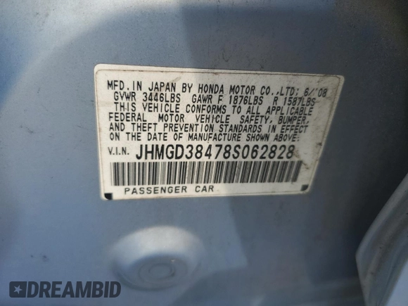 2008 Honda Fit with VIN JHMGD38478S062828, listed as a Copart auction lot 61035585 with 169,271 mi miles and Salvage title. Bid and sale history available at DreamBid. Image 12.
