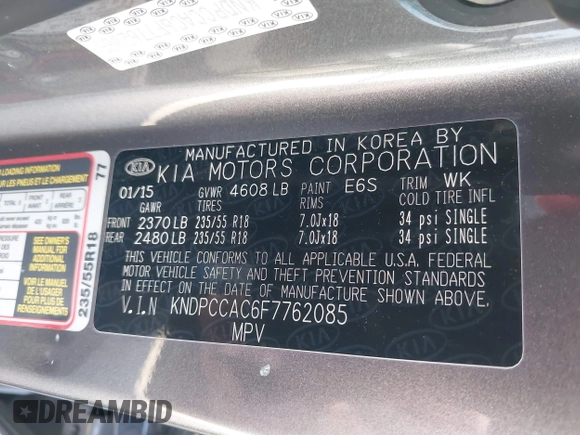 2015 Kia Sportage EX with VIN KNDPCCAC6F7762085, listed as a IAAI auction lot 42659208 with 114,723 mi miles and . Bid and sale history available at DreamBid. Image 9.