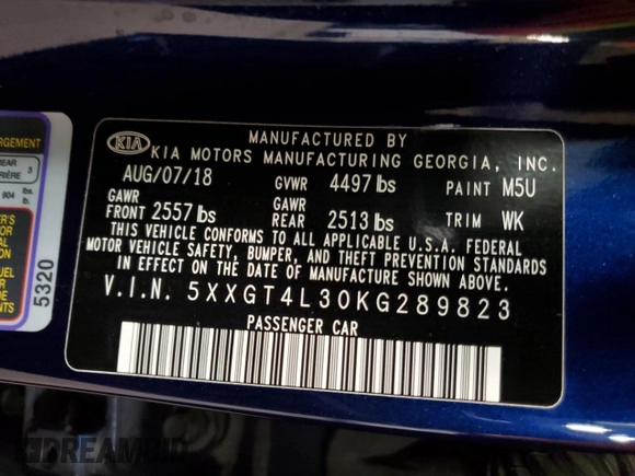 2019 Kia Optima S with VIN 5XXGT4L30KG289823, listed as a Copart auction lot 53204805 with 80,122 mi miles and Salvage Title. Bid and sale history available at carsss.com. Image 14.