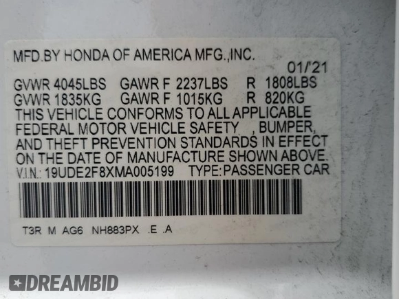 2021 Acura ILX Premium with VIN 19UDE2F8XMA005199, listed as a Copart auction lot 61223895 with 45,114 mi miles and Salvage title. Bid and sale history available at DreamBid. Image 12.