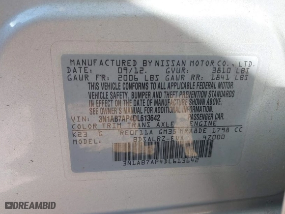 2013 Nissan Sentra SV with VIN 3N1AB7AP4DL613642, listed as a IAAI auction lot 41595829 with 99,351 mi miles. Bid and sale history available at carsss.com. Image 9.