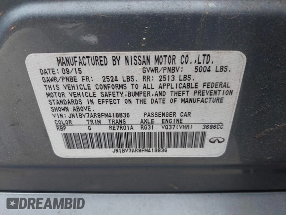 2015 Infiniti Q50 with VIN JN1BV7AR9FM418836, listed as a IAAI auction lot 42181355 with 165,787 mi miles and . Bid and sale history available at DreamBid. Image 9.