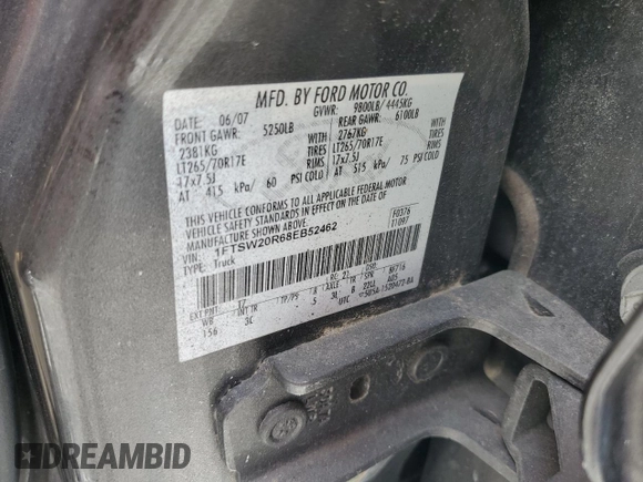 2008 Ford F-250 XL with VIN 1FTSW20R68EB52462, listed as a Copart auction lot 61984685 with Not provided miles and Salvage title. Bid and sale history available at DreamBid. Image 12.