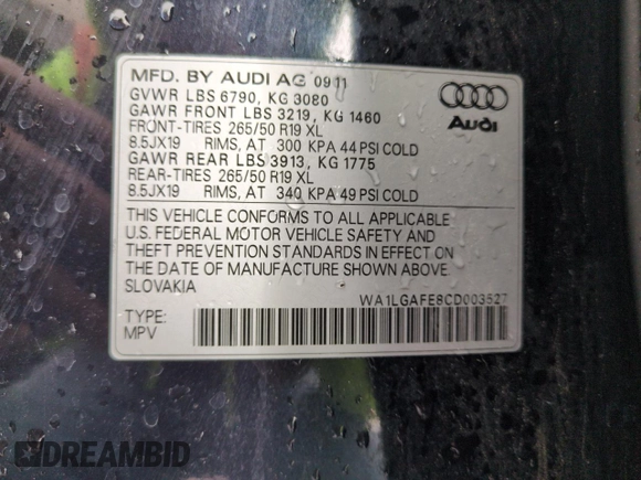 2012 Audi Q7 Premium Plus with VIN WA1LGAFE8CD003527, listed as a Copart auction lot 56162055 with 164,758 mi miles and Salvage title. Bid and sale history available at DreamBid. Image 13.