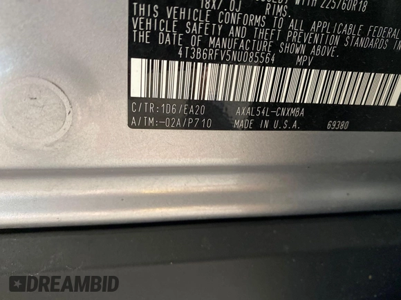 2022 Toyota RAV4 Hybrid XLE Premium with VIN 4T3B6RFV5NU085564, listed as a IAAI auction lot 42854215 with 49,616 mi miles and . Bid and sale history available at DreamBid. Image 9.