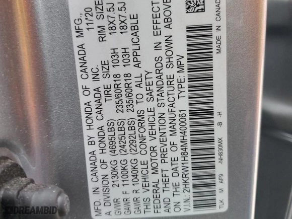 2021 Honda CR-V EX-L with VIN 2HKRW1H84MH400061, listed as a Copart auction lot 44078145 with 24,155 mi miles and Salvage Title. Bid and sale history available at carsss.com. Image 14.