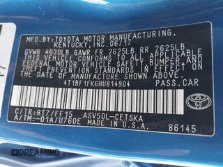 2017 Toyota Camry XLE with VIN 4T1BF1FK6HU814904, listed as a IAAI auction lot 41514002 with 266,164 mi miles and . Bid and sale history available at DreamBid. Image 9.