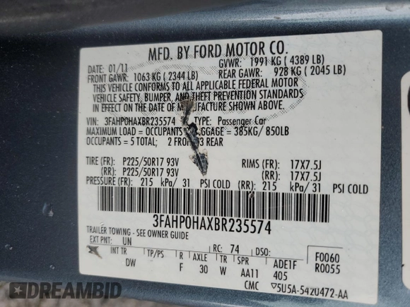 2011 Ford Fusion SE with VIN 3FAHP0HAXBR235574, listed as a Copart auction lot 51369905 with 149,464 mi miles and Salvage Title. Bid and sale history available at DreamBid. Image 14.