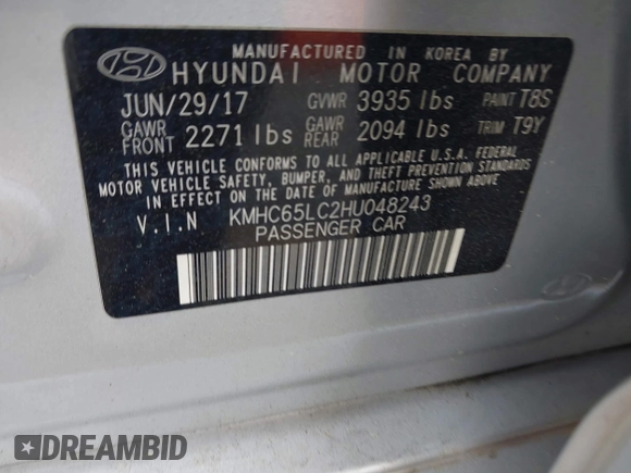 2017 Hyundai Ioniq Blue with VIN KMHC65LC2HU048243, listed as a IAAI auction lot 41945177 with 96,215 mi miles and . Bid and sale history available at DreamBid. Image 9.