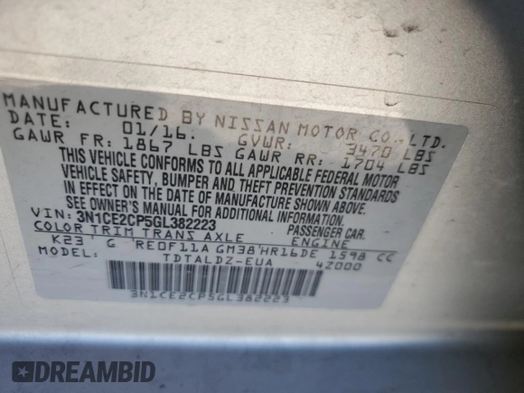 2016 Nissan Note S with VIN 3N1CE2CP5GL382223, listed as a Copart auction lot 56426495 with 130,848 mi miles and Salvage title. Bid and sale history available at DreamBid. Image 13.