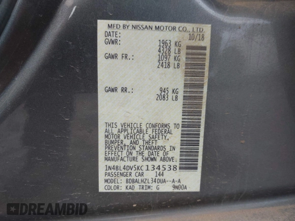 2019 Nissan Altima SV z VIN 1N4BL4DV5KC134538, wystawiony jako IAAI lot #41298974 z przebiegiem 110 193 mil mil oraz . Historia ofert i sprzedaży dostępna na DreamBid. Obrazek 9.