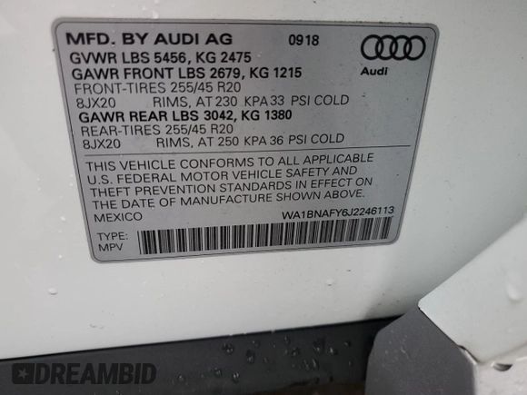 2018 Audi Q5 Premium Plus with VIN WA1BNAFY6J2246113, listed as a Copart auction lot 41720463 with 12,009 mi miles and . Bid and sale history available at DreamBid. Image 12.
