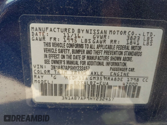 2017 Nissan Sentra SR z VIN 3N1AB7AP9HY232457, wystawiony jako IAAI lot #42120556 z przebiegiem 37 751 mil mil oraz . Historia ofert i sprzedaży dostępna na DreamBid. Obrazek 9.