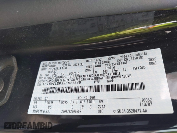 2018 Ford F-150 XL with VIN 1FTEW1EP9JFB66645, listed as a IAAI auction lot 42004271 with 65,235 mi miles. Bid and sale history available at carsss.com. Image 9.