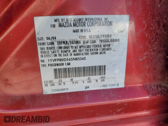 2004 Mazda Mazda6 s with VIN 1YVFP80D545N85345, listed as a Copart auction lot 50378455 with 244,193 mi miles and Salvage Title. Bid and sale history available at carsss.com. Image 12.