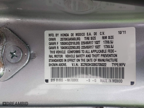 2011 Honda CR-V LX with VIN 3CZRE3H33BG705022, listed as a IAAI auction lot 41478133 with 78,183 mi miles. Bid and sale history available at carsss.com. Image 9.