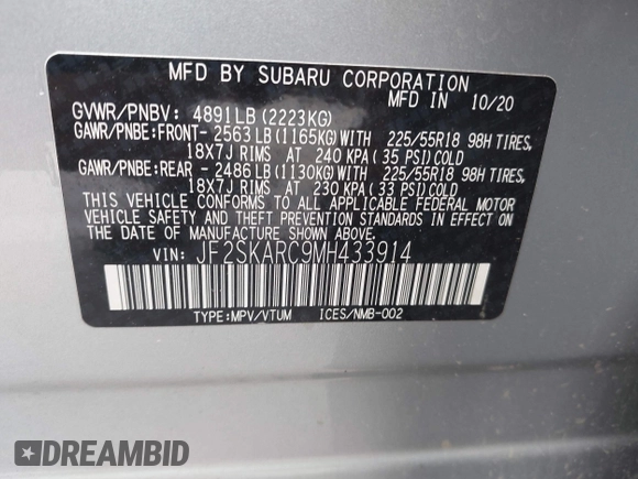 2021 Subaru Forester Sport with VIN JF2SKARC9MH433914, listed as a IAAI auction lot 41905614 with 89,183 mi miles. Bid and sale history available at carsss.com. Image 9.