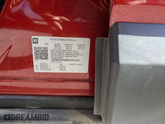 2022 Chevrolet Traverse LT Cloth with VIN 1GNEVGKW6NJ107130, listed as a Copart auction lot 43944025 with 59,900 mi miles and Salvage title. Bid and sale history available at DreamBid. Image 14.