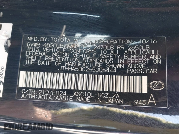 2017 Lexus RC 200t with VIN JTHHA5BC2H5005444, listed as a IAAI auction lot 42325560 with 61,938 mi miles and . Bid and sale history available at DreamBid. Image 9.
