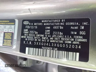 2016 Kia Optima EX with VIN 5XXGU4L3XGG052034, listed as a IAAI auction lot 41506088 with 87,509 mi miles and . Bid and sale history available at DreamBid. Image 9.