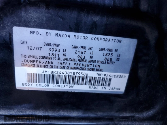 2008 Mazda 3 s GT *Ltd Avail* with VIN JM1BK344081879586, listed as a Copart auction lot 50723105 with Not Provided miles and Salvage Title. Bid and sale history available at carsss.com. Image 14.